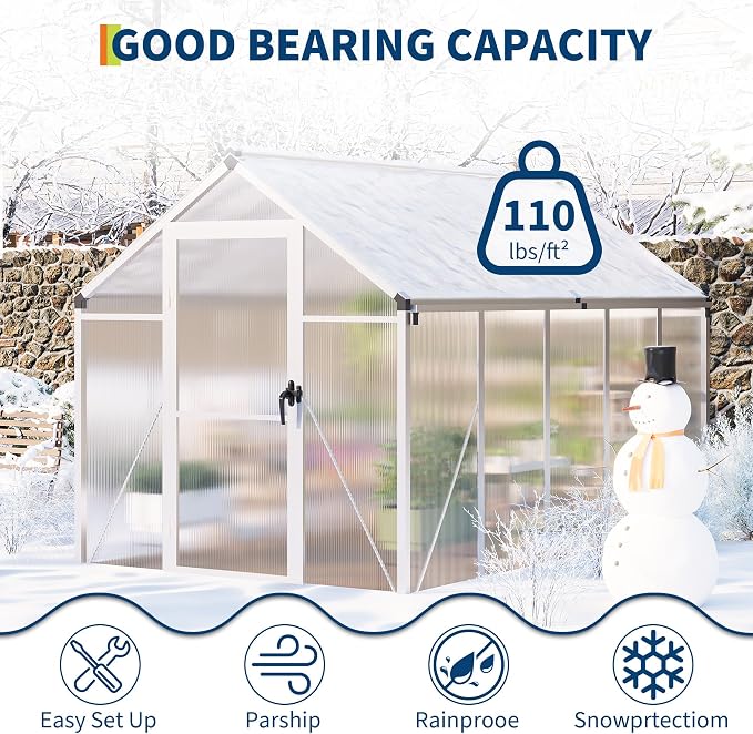 6x10 FT Greenhouse, Greenhouses for Outside, Polycarbonate Greenhouse with Aluminum Frame, Lockable Door and Ajustable Roof Vent for Backyard, Green Houses for Outside Garden Backyard, Patio