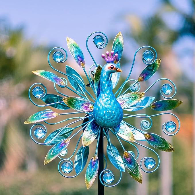 Stargarden 58 Inch Peacock Wind Spinner-Double Wind Sculpture | Metal Windmill for Garden Patio Yard Decor