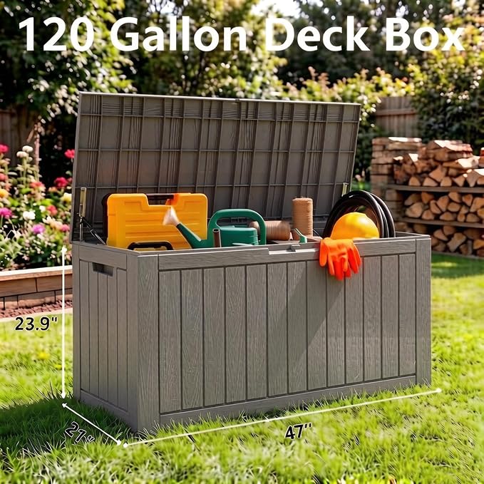 Outdoor Storage Box, 120 Gallon Resin Deck Boxes Outdoor Waterproof For Patio Furniture, Garden Tools, Pool Supplies, Lockable And UV Resistant (Striped Gray)