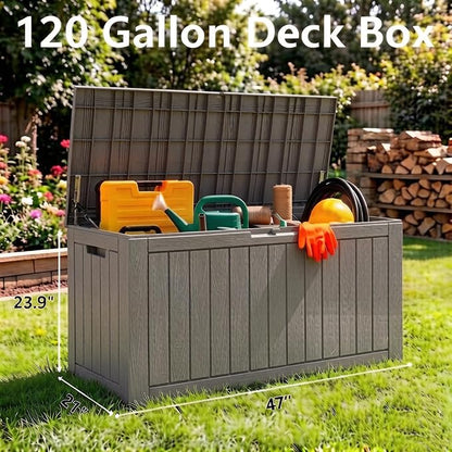 Outdoor Storage Box, 120 Gallon Resin Deck Boxes Outdoor Waterproof For Patio Furniture, Garden Tools, Pool Supplies, Lockable And UV Resistant (Striped Gray)