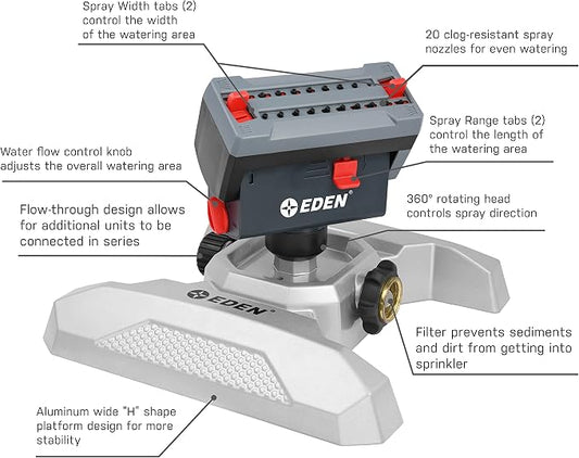Eden 94127 Metal Adjustable 4-Way Mini Turbo Oscillating Sprinkler W/Quick Connect Starter Set, 20 Nozzle, Covers up to 3,800 sq. ft