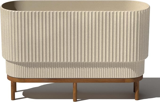 Veradek Demi Series Raised Long Planter for Indoor/Outdoor Use | Made from Plastic & Stone w/Wooden Stand | Modern Patio Décor for Flowers/Shrubs