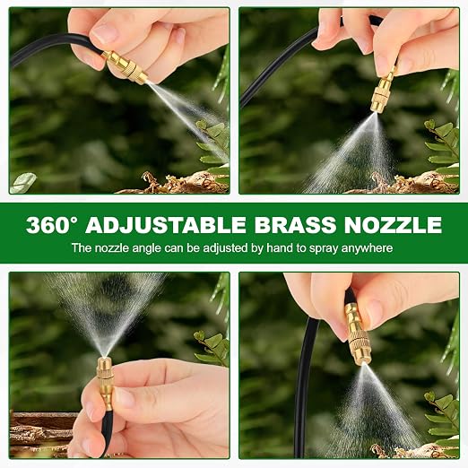 Drip Irrigation System, 30FT 1/4" Garden Watering for Outdoor Plants & Raised Beds, 10pcs Upgraded Brass Nozzles 360° Adjustable Misting Kit, UV-Resistant Tubing for Greenhouse, Lawn & Patio Cooling