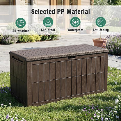 Tangkula 120 Gallon Outdoor Storage Box, Waterproof PP Resin Patio Storage Box with Lockable Lid for Indoor & Outdoor Use, 2-in-1 Rattan Design Deck Box for Cushions, Garden Tools