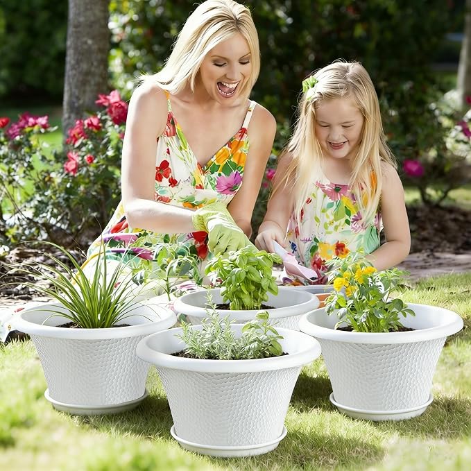 Quarut 12 Inch Plant Pot,4 Pack Large pots for Plants,Flower Pots with Drainage Hole & Saucer,Modern Planters for Indoor Outdoor Plants,Decorative Resin Garden Pots,White