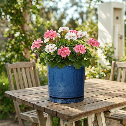 Eightpot 8 Inch Planter, Ceramic Plant Pots with Drainage Hole and Tray, Round Flower Pots for Indoor Plants Outdoor, Boho Planter, Decorative Pot for Plants, Plant Lover Gifts, House Decor, Blue