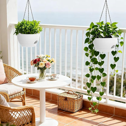 8 Inch Hanging Planters for Indoor Outdoor Plants, 4 Pack White Plastic Self Watering Hanging Baskets with Drainage Holes and Chain for Garden Porch