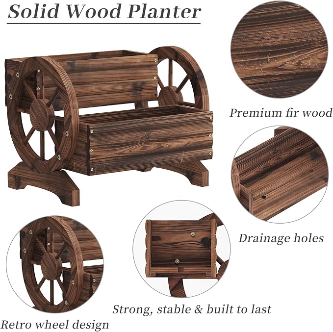 Kitsanery Wooden Planter Box,Planters for Outdoor Plants, Flower Cart for Patio Garden Balcony, Backyard Decor Garden Planters with Wheels for Flowers,Vegetables (Carbonised Colour (Dark Brown))