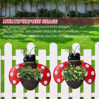 Ladybug Metal Wall Planter, Wall Mount Hanging Succulent Pot with Drainage | Cute farmhouse ladybug wall mount pot with drainage hole, garden decor for yard, indoor & outdoor succulent wall container.