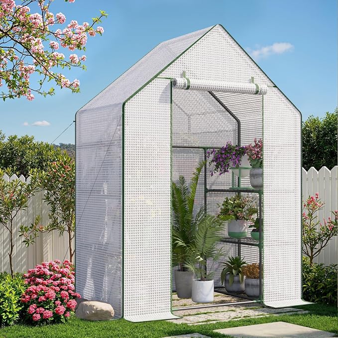 Greenhouse for Outdoors, Portable Green House, Walk in Greenhouses with Durable PE Cover, 57 x 29 x 76 inch Greenhouse with Shelves Stands,White