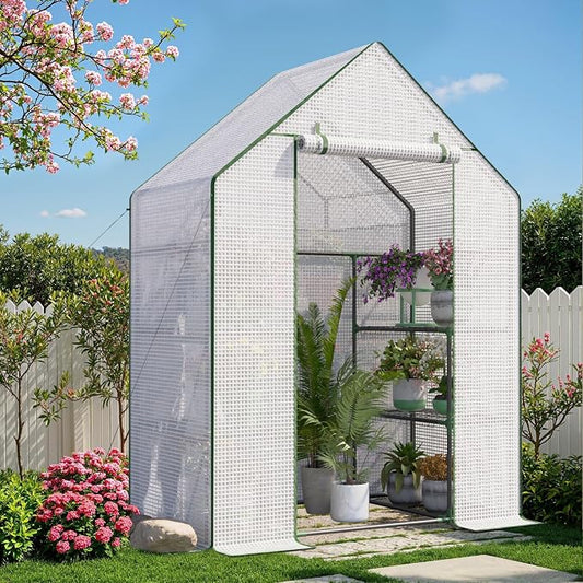 Greenhouse for Outdoors, Portable Green House, Walk in Greenhouses with Durable PE Cover, 57 x 29 x 76 inch Greenhouse with Shelves Stands,White