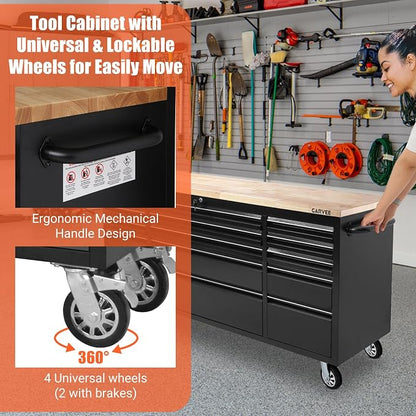 Garvee 72-Inch Heavy-Duty Rolling Tool Chest & Mobile Workbench with 15 Drawers, Rubber Wood Tabletop, Key Locking System, Drawer Liners and Wheels, Steel Storage Cabinet for Garage, Workshop