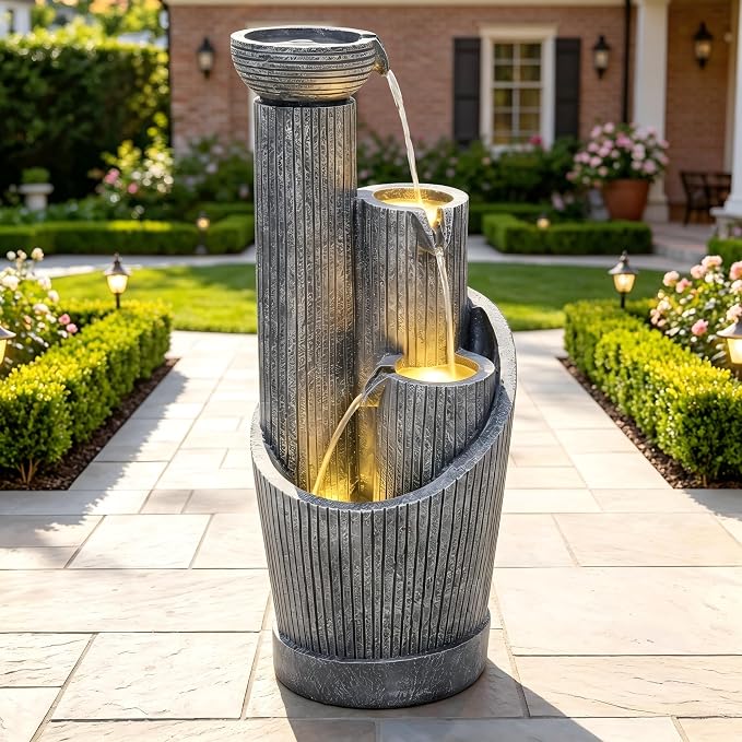 AUTODAYA 31" 5-Tier Twist Pedestal Outdoor Fountain LED Cascading Waterfall | geometric twist Pedestal Bowl design, fluted texture, patio garden, Backyard, Deck, or Porch