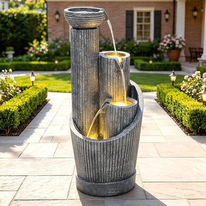 AUTODAYA 31" 5-Tier Twist Pedestal Outdoor Fountain LED Cascading Waterfall | geometric twist Pedestal Bowl design, fluted texture, patio garden, Backyard, Deck, or Porch