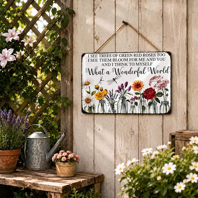 Vintage Flower Garden Metal Sign, 8x12 In Rustic Tin Wall Decor | floral metal sign with rope and 4 pins for garden, porch, patio, fence, farmhouse and home wall decor