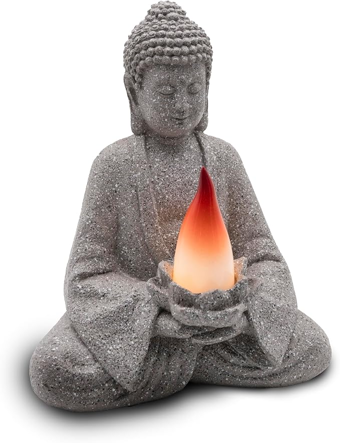 olar Garden Buddha Statue with Lotus Flame Light, Zen Resin Outdoor Decorations for Patio Yard Lawn Porch, Meditation Garden Decor Gifts for Housewarming Mom Women