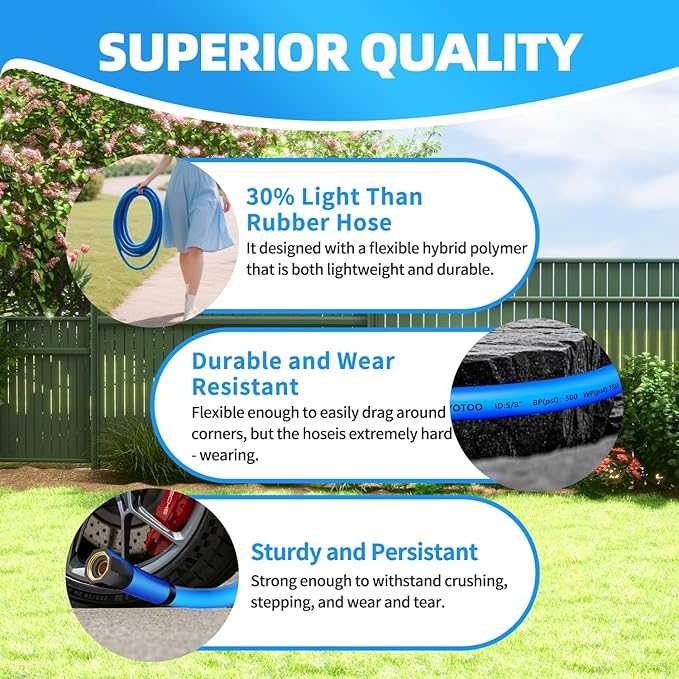 YOTOO Heavy Duty Hybrid Garden Water Hose 5/8-Inch by 75-Feet 150 PSI Kink Resistant, Flexible with Swivel Grip Handle and 3/4" GHT Solid Brass Fittings, Blue