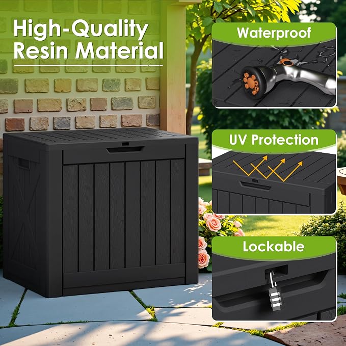 Greesum 40 Gallon Outdoor Deck Box with Lock, Resin Storage Chest for Patio Furniture Cushions, Garden Tools, Pool Toys, Waterproof & UV Resistant, Large Capacity, Dark Black