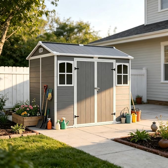 PVWIIK 8x6 ft Resin Outdoor Storage Shed with Floor & Window, Lockable Waterproof All-Weather Utility Shed for Garden Tools & Trash Bins, Gray-White