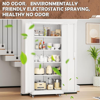 INTERGREAT Metal Garage Storage Cabinet with Wheels, Rolling Storage Cabinet with Locking Doors and 4 Adjustable Shelves,- 73" Steel Tool Cabinet for Home Office,Garage,Warehouse，White