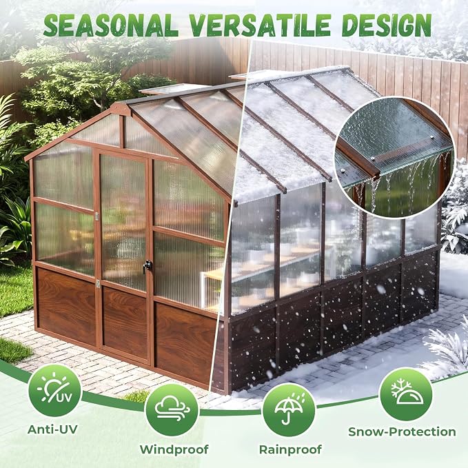 Jocoevol 8x10ft Outdoor Greenhouse, Wooden Frame Polycarbonate Greenhouse with Adjustable Roof Vents and Lockable Door Handle, Walk-in Greenhouse Perfect for Backyard and Garden