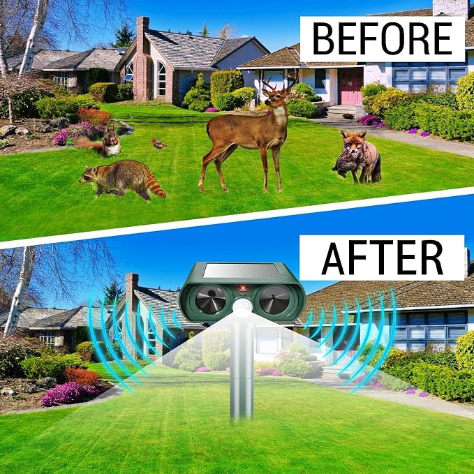 2 Pack Solar Ultrasonic Animal Repellent Deer Repellent Devices Cat Repellent Outdoor Motion Activated Rabbit Squirrel Repellent Waterproof for Yard, Farm, Garden