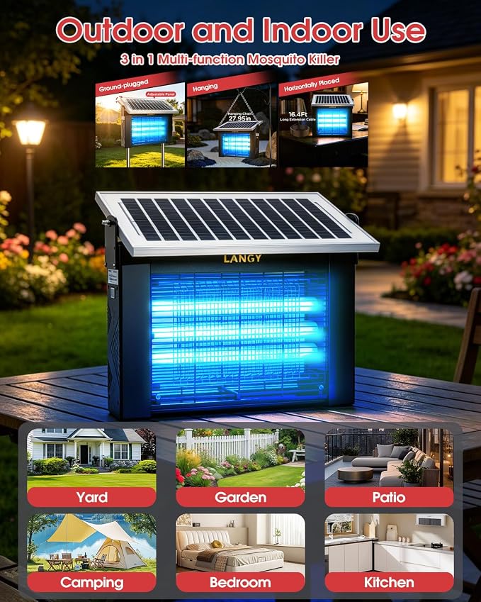 LANGY Solar Bug Zapper Outdoor, Upgrade 3-Tube 365nm Solar Mosquito Zapper Outdoor, 5000mAh Rechargeable 4500V Electric Fly Zapper Mosquitos Trap w 16.4ft Cord Auto On/Off for Yard Patio Camping