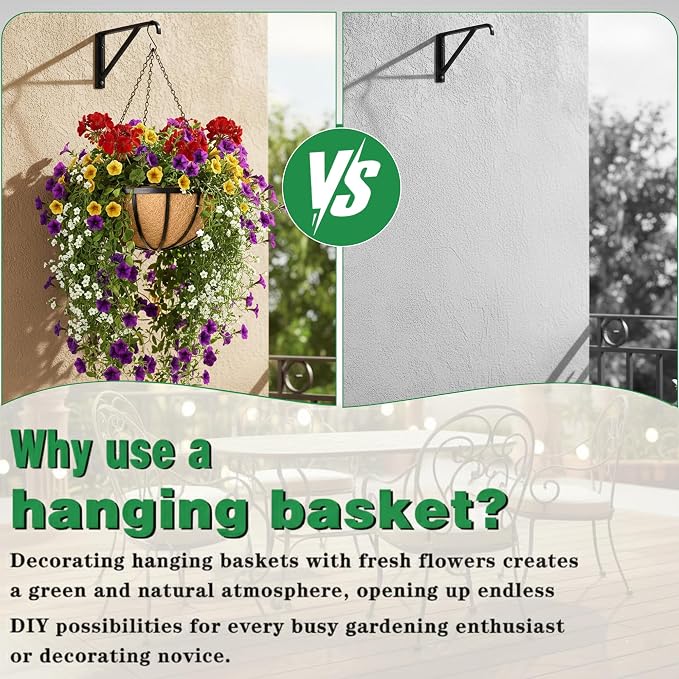 2 Pack 12 Inch Hanging Planters for Outdoor Plants Metal Hanging Planter Basket with Coco Coir Liner Round Plant Black Flat Iron Metal Flower Pots for Deck Patio Porch Garden Balcony
