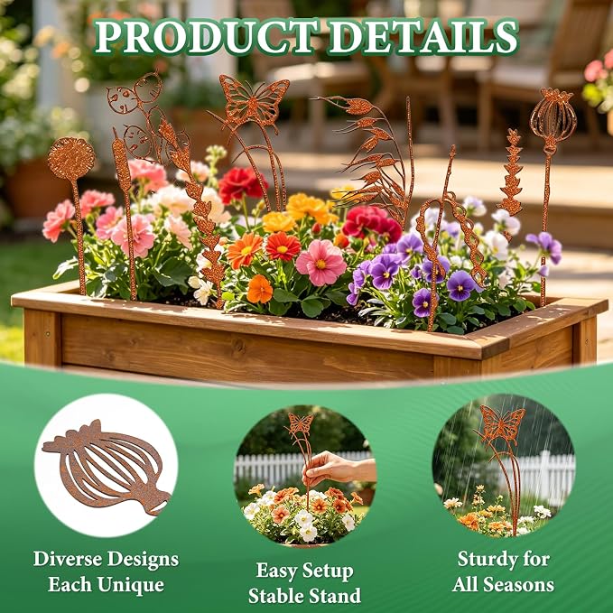 9PCS Metal Garden Stakes Decorative Flower Plant Stakes, Rustic Iron Yard Art Plant Picks for Outdoor Indoor Planters, Succulent Pot Decor, Lawn Patio Garden Ornaments, Gift for Garden Lovers
