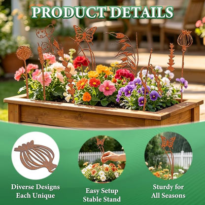 9PCS Metal Garden Stakes Decorative Flower Plant Stakes, Rustic Iron Yard Art Plant Picks for Outdoor Indoor Planters, Succulent Pot Decor, Lawn Patio Garden Ornaments, Gift for Garden Lovers