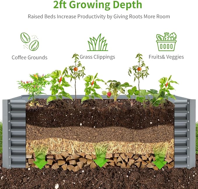 Land Guard 2 Pack 6×3×2 ft Galvanized Metal Raised Garden Bed, 2FT Deep Root Elevated Planter Box Steel Large Vegetable Flower Bed Kit, Modern Grey