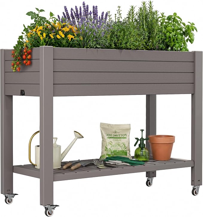 33.7" Tall Raised Garden Bed with Wheels, Divisible Plastic Planter Box with Drainage Gauge & Storage Shelf, Herb Garden Planter for Garden Patio Backyard, Gray (33.7" h)