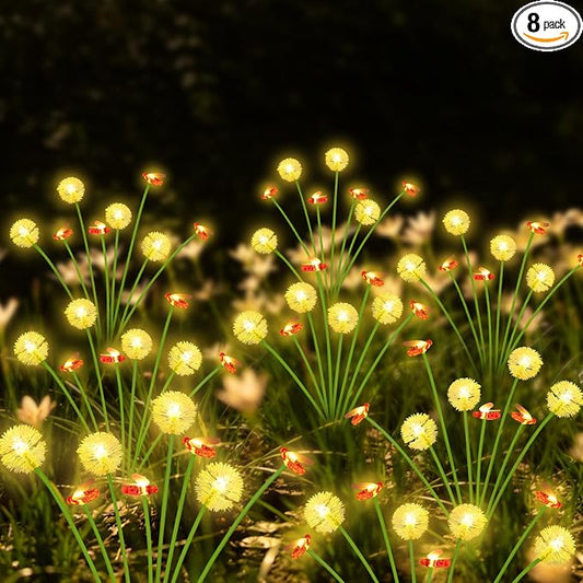 EEW Solar Garden Lights Outdoor 8 Pack 64 LED Swaying Dandelion Bee Lights | 2 Modes (Steady on, Slow Twinkle),Cute Flower Pathway Lights for Yard Lawn Patio Party Garden Wedding Pathway Decorations