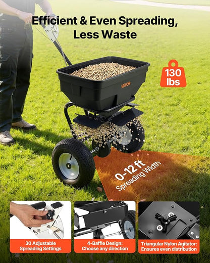 VEVOR Broadcast Spreader, 12ft Spreading Width, Push Broadcast Spreader with 13" All-Terrain Tires, Adjustable Flow Control, 130lbs Capacity Hopper, Lawn Spreaders for Fertilizer Seed Ice Melt