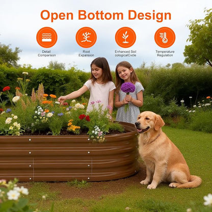 Rakukiri Raised Garden Bed Outdoor, GRS Certified Recycled Metal Planter Box 2 Sets, 4FT Galvanized Oval Herb Garden Kit, Bottomless Large Garden Beds for Vegetables Flowers, Rust-Resistant Brown