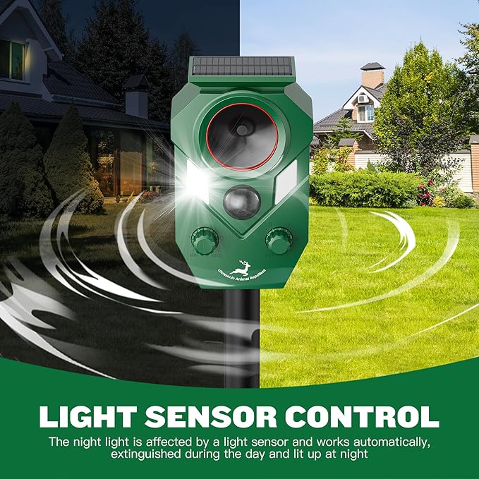 Solar-Powered Ultrasonic Animal Repellent 4 Packs, Waterproof Cat Deterrent with LED Flashing Lights and Motion Sensor for Outdoor Yard, Effective to Repel Cats, Coyotes, Raccoons, and Deer