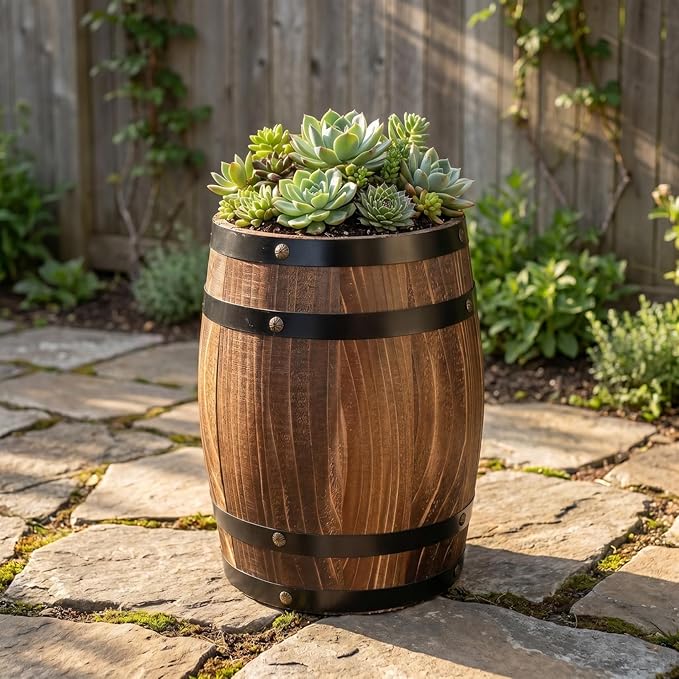 Barrel Decoration Wooden Planter Rustic Wine Barrel Prop 8.2 Inch Antique Style Beer for Home Patio Garden Decor
