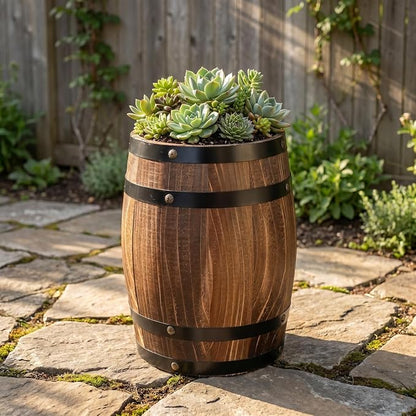 Barrel Decoration Wooden Planter Rustic Wine Barrel Prop 8.2 Inch Antique Style Beer for Home Patio Garden Decor