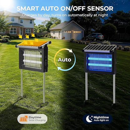 Solar Bug Zapper Outdoor, 4500V Waterproof Mosquito Zapper with 10W Solar Panel, Cordless Rechargeable Electric Fly Zapper, Mosquito Killer Lamp with Auto Sensor for Patio, Backyard, Garden, Camping