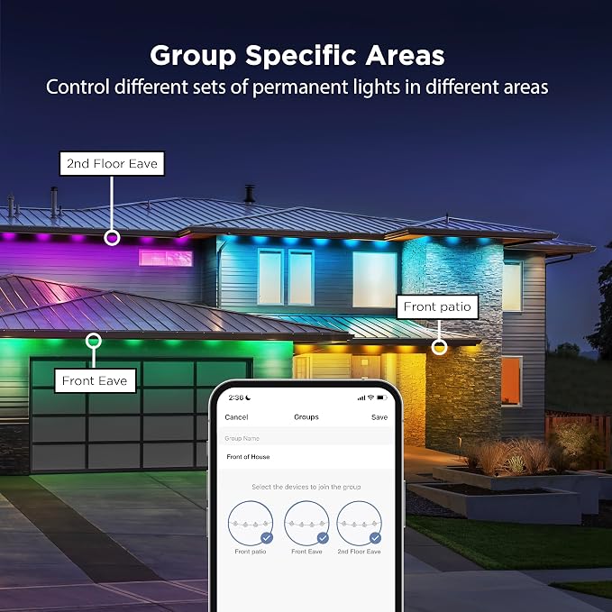 Feit Electric Permanent Outdoor Lights, Smart RGBIC with Tunable White String Lights, 50FT LED Christmas Lights, 2.4GHz WiFi, Work with Alexa and Google Assistant, Weatherproof, SL50-30/RGBTW/AG