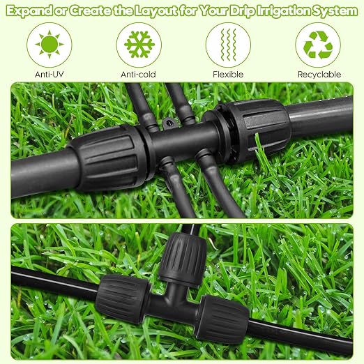 50 FT 1/2 Inch Drip Irrigation Tubing Kit-Drip Line Irrigation Hose 1/2 Inch with 1/2" to 1/4" Barbed Locked 6-Way & 1/2" Tee Connectors-Drip Tube Irrigation Fittings System Parts for Garden Watering