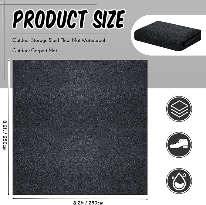 Haull Shed Floor Mat 8.2 x 8.2 ft, Outdoor Storage Sheds Flooring Mat with Waterproof PE Backing, Absorbent Felt Top, Non Slip Washable Protector Rug for Garden, Garage, Carport, Shed Not Included