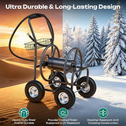 Hose Reel Cart, Holds 250 ft of 5/8" Hose, Heavy Duty Industrial Garden Water Hose Reel with 4 Wheels, Storage Basket, Powder-Coated Steel Frame for Lawn, Yard, Garden, Outdoor