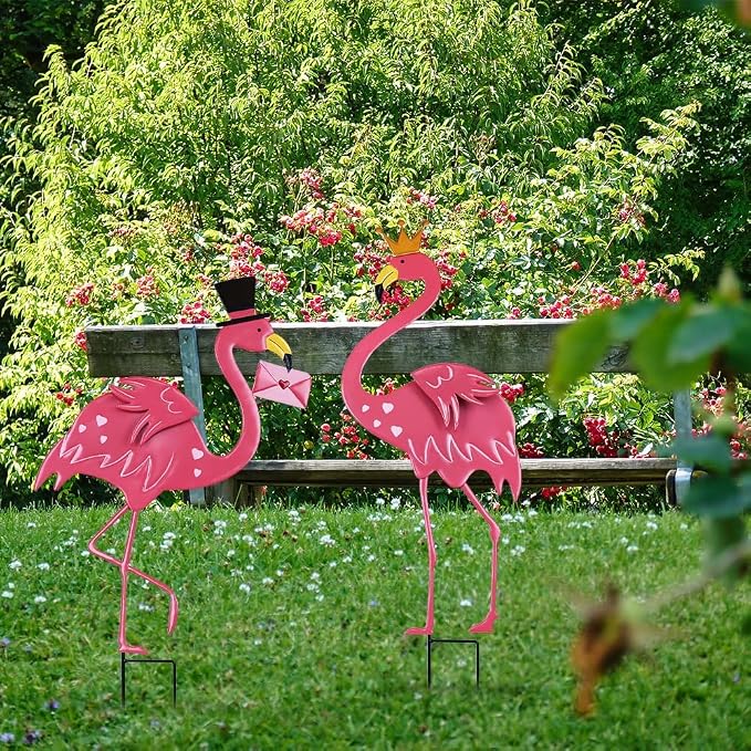 hogardeck Garden Decor for Outdoor, 2 Pcs 31" Metal Flamingos Decorative Garden Stakes for Garden Decor, Yard Sign for Home Outside Lawn Porch Anniversary Wedding Party