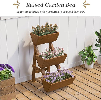 Kitsanery 3-Tiers Wooden Raised Garden Bed,Wood Planter Box for Vegetable,Flower Rack,Flower Pot Stands,Indoor Outdoor Gardening Planting Beds (Brown, Small)