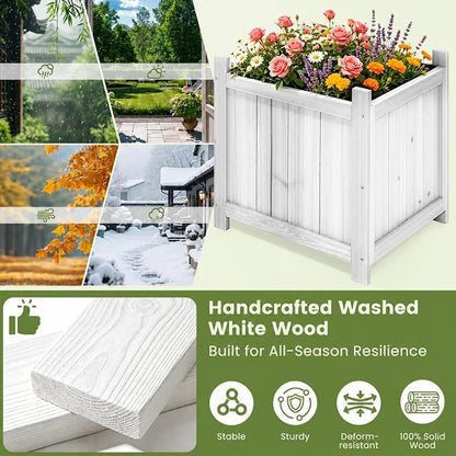 2-Pack 16" White Fir Wood Square Planter Boxes with Drainage Holes | Set of 2 whitewashed fir wood planters with removable bases, liners, and drainage holes for porch, patio, or garden