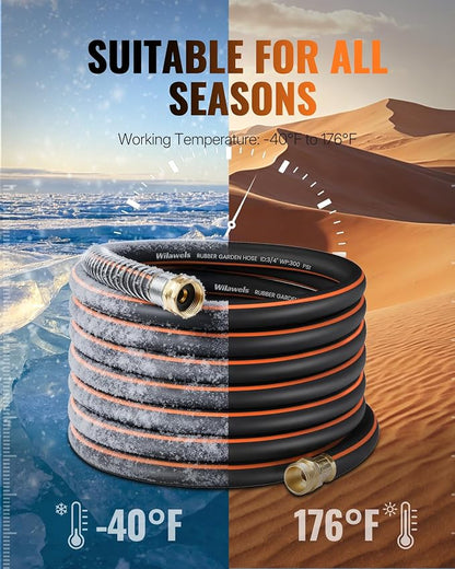 Heavy Duty Rubber Garden Hose 50FT x 3/4", Flexible Water Hose with 360° Swivel Brass Fittings, 300 PSI Working, 1000 PSI Burst, 5-Layer Reinforce, All Weather Outdoor Hose, BG50GH406