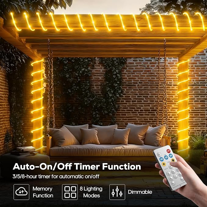 ICRGB Solar Rope Lights Outdoor, 66FT 200LED Christmas Fairy Light with Remote, IP67 Waterproof Solar String Lights, Timing & 8 Modes, Outdoor Light for Garden Patio Porch Pool, Warm White