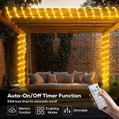 ICRGB Solar Rope Lights Outdoor, 66FT 200LED Christmas Fairy Light with Remote, IP67 Waterproof Solar String Lights, Timing & 8 Modes, Outdoor Light for Garden Patio Porch Pool, Warm White