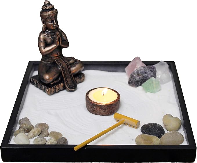 Nature's Mark Mini Zen Garden Kit for Desk with Rake, White Sand, Buddha Figures, Tea-Light Holder Black Square Base, River Rocks and Crystal (9Lx9W B)